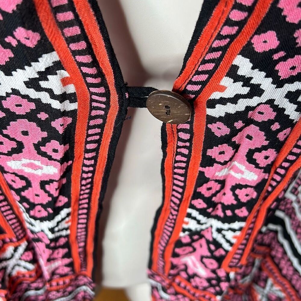 RAGA Kimono Poncho Lightweight Cover Up Pink Orange Boho Hooded Pom Pom Top Medi - Picture 2 of 6